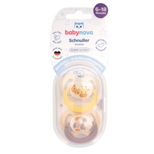 Baby-Nova szilikon fogszabályzós cumi 6-18 hó 2db/csom.- zsiráf/papagáj  