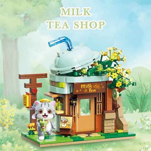 QMAN® K28007 Keeppley készségfejlesztő építőjáték lányoknak 411 db építőkocka - Ash macska Milk tea shopja