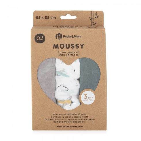 Bambusz muszlin 3db-os pelenka 68 x 68 cm - Moussy Grey Planes