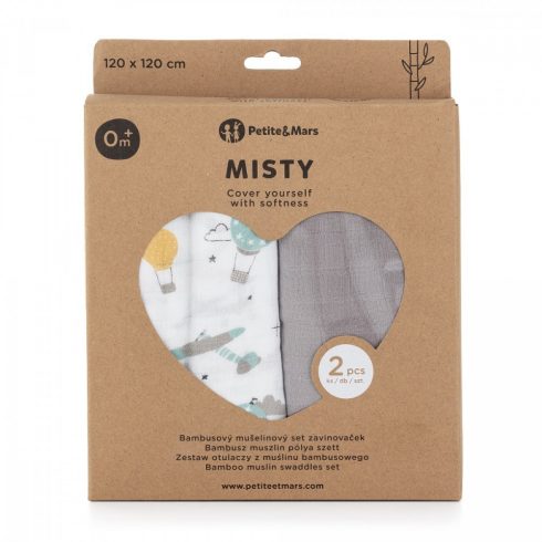 P&M Bambusz muszlin 2db-os kifogó szett 120×120 cm - Misty Grey Planes