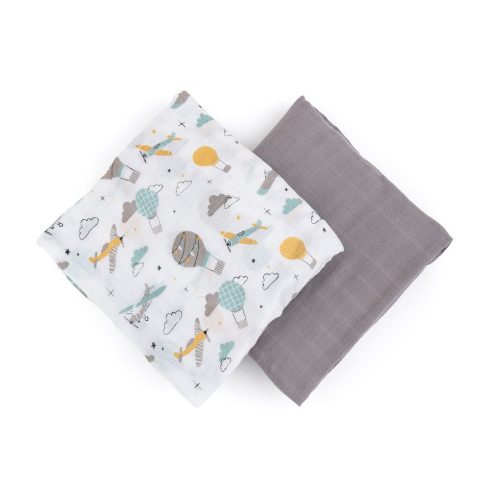 P&M Bambusz muszlin 2db-os kifogó szett 120×120 cm - Misty Grey Planes