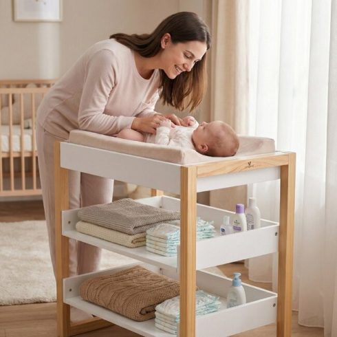 Cangaroo Timber pelenkázó állvány polccal - Fehér/Natur