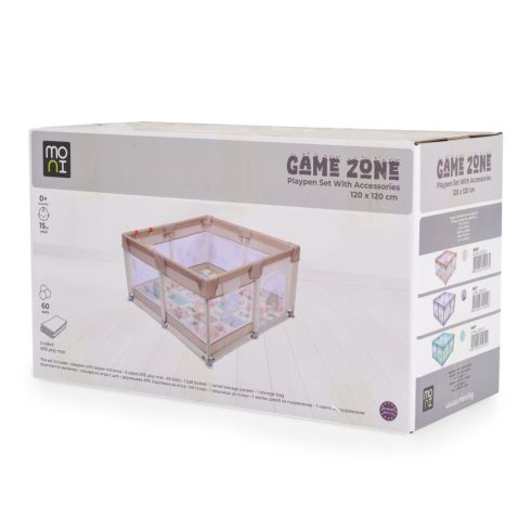 Moni Game Zone összecsukható járóka szőnyeggel, 60 labdával 120x120cm - Szürke