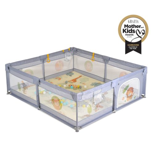 Moni Game Zone összecsukható járóka szőnyeggel, 60 labdával 150x200cm - Szürke 