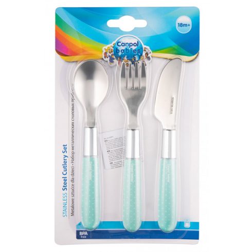 Canpol fém evőeszköz kanál, villa, kés 18hó+ zöld
