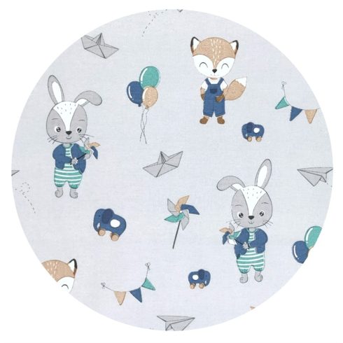 Baby Shop pamut,gumis lepedő 80*160 cm  - kék róka és nyuszi 
