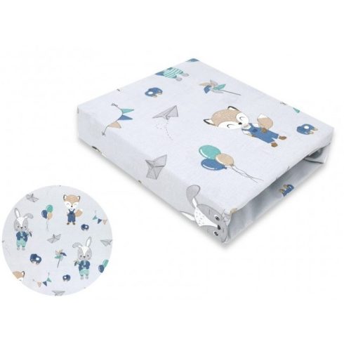 Baby Shop pamut,gumis lepedő 80*160 cm  - kék róka és nyuszi 