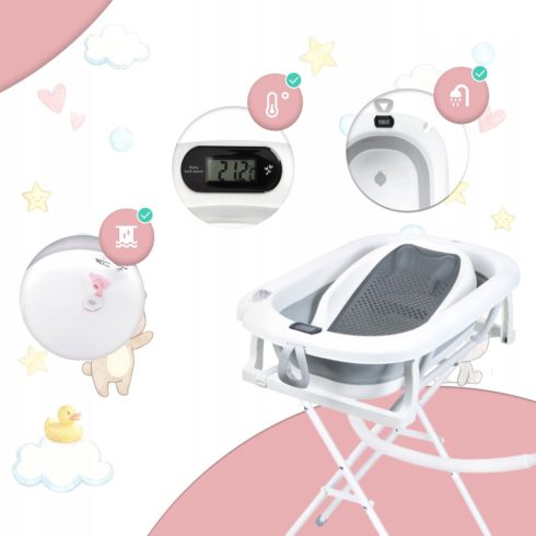 Premium Összecsukható kád hőmérővel és anatómiai támasztékkal + állvány - Szürke