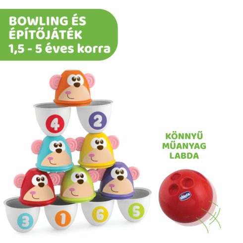 Chicco Monkey Strike - majmos bowling és építőjáték 18hó+