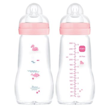   Mam  Feel Good 260ml  Premium üvegből készült cumisüveg Közepes átfolyás 2+ hó (rózsaszín kacsa)