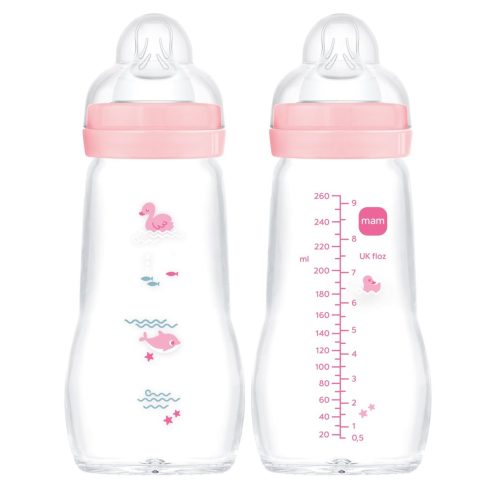Mam  Feel Good 260ml  Premium üvegből készült cumisüveg Közepes átfolyás 2+ hó (rózsaszín kacsa)