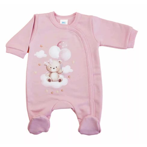 Belül bolyhos elöl patentos hosszú ujjú baba rugdalózó macis mintával púder (50)