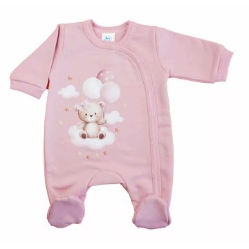   Belül bolyhos elöl patentos hosszú ujjú baba rugdalózó macis mintával púder (62)