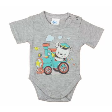 Rövid ujjú baba body cuki Vonatos mintával (56) - szürke
