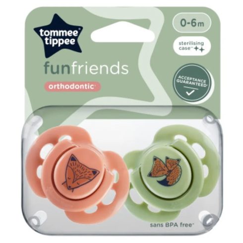 Tommee Tippee Fun Friends játszócumi 0-6 hó 2 db - barna/zöld