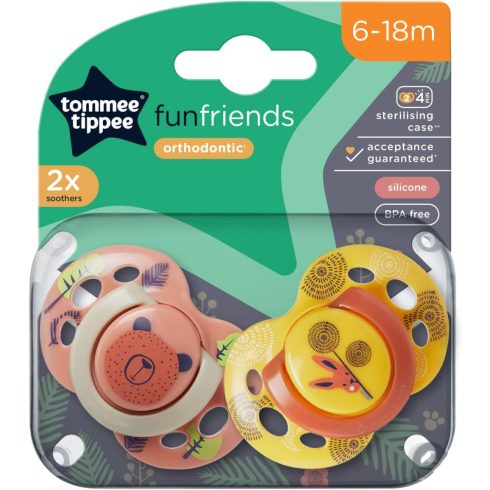 Tommee Tippee Fun Friends játszócumi 6-18 hó 2 db - narancs/sárga