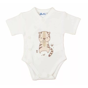   Biopamut elöl patentos rövid ujjú baba kombidresz (44) - tigris