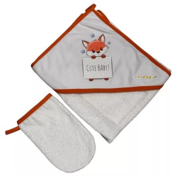   Babastar Frottir fürdőlepedő, fürdetőkesztyűvel 80*80 cm - Cute Róka Szívecskével - Narancs