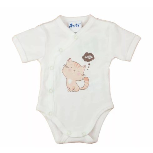 Biopamut elöl patentos rövid ujjú baba kombidresz  (44) - cica