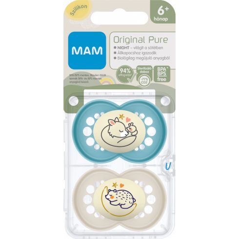 MAM Original Pure Night 6+ hó nyugtató cumi 2 db-os  - türkiz egér/bézs medve