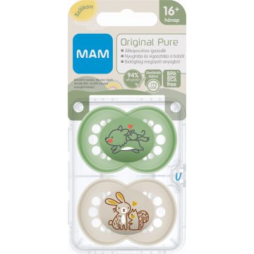   MAM Original Pure 16+ hó nyugtató cumi 2 db-os - zöld farkas/bézs nyuszi