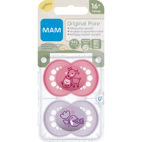 MAM Original Pure 16+ hó nyugtató cumi 2 db-os - rózsaszín bagoly/lila madár