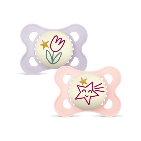 Mam Original Night szilikon nyugtató cumi 2-6 hó 2db - lila tulipán/rózsaszín csillag 