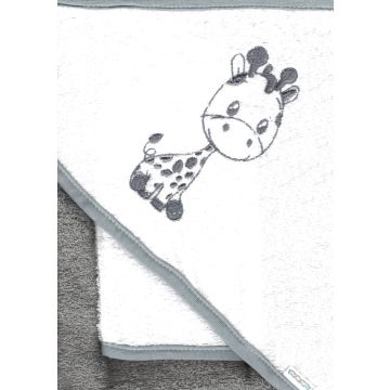   Babastar hímzett fürdőlepedő, fürdetőkesztyűvel 80*80 cm - zsiráf szürke/fehér