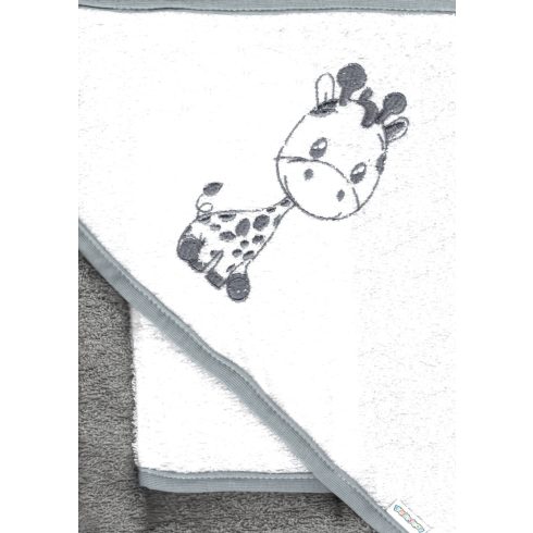 Babastar hímzett fürdőlepedő, fürdetőkesztyűvel 80*80 cm - zsiráf szürke/fehér