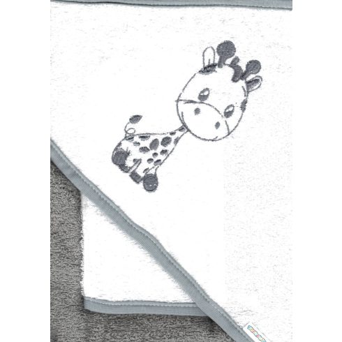 Babastar hímzett fürdőlepedő, fürdetőkesztyűvel 80*80 cm - zsiráf szürke/fehér