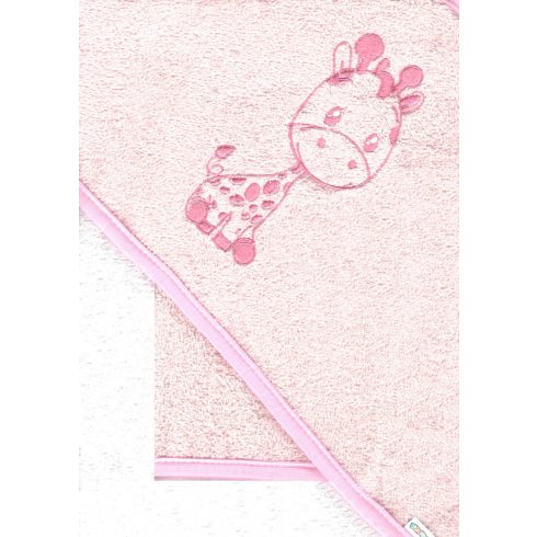 Babastar hímzett fürdőlepedő, fürdetőkesztyűvel 80*80 cm - zsiráf fehér/rózsaszín
