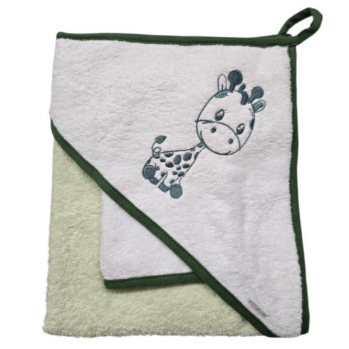 Babastar hímzett fürdőlepedő, fürdetőkesztyűvel 80*80 cm - zsiráf fehér/zöld