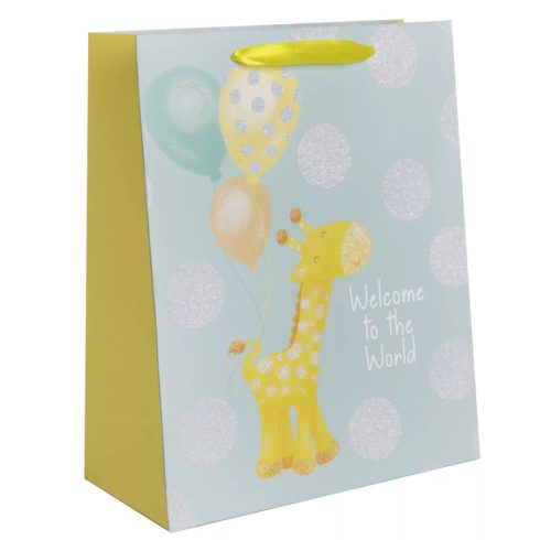Ajándéktasak Zsiráf lufikkal, Welcome to the World felirat 18x23 cm