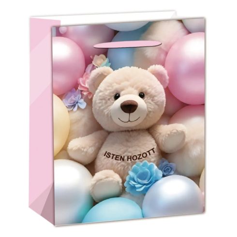 Ajándéktasak Plüss Maci lufik között, ISTEN HOZOTT felirattal 18x23 cm