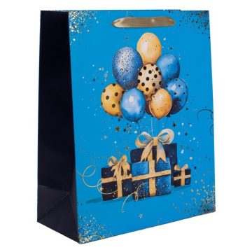 Ajándéktasak kék ajándékok lufival 31x42 cm