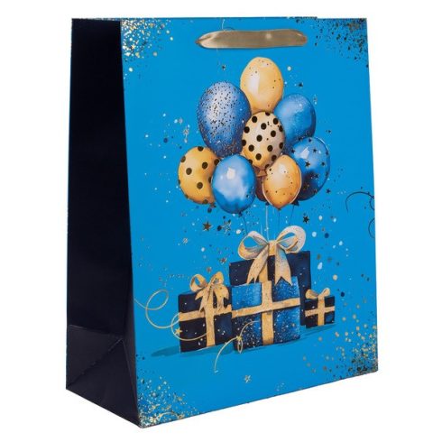 Ajándéktasak kék ajándékok lufival 31x42 cm