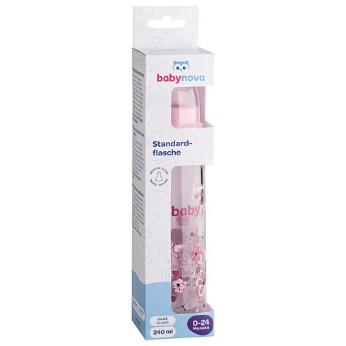 Baby-Nova üveg cumisüveg 240 ml 0-24hó szilikon cumival M-es - rózsaszín