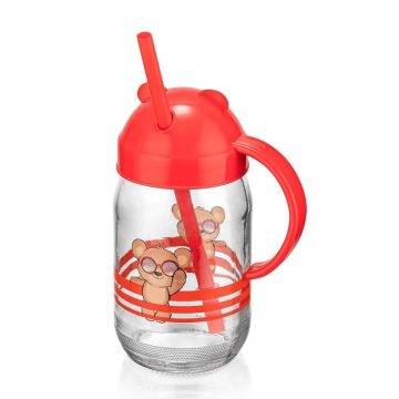 QLUX szívószálas üvegpohár 370ml - Teddy piros