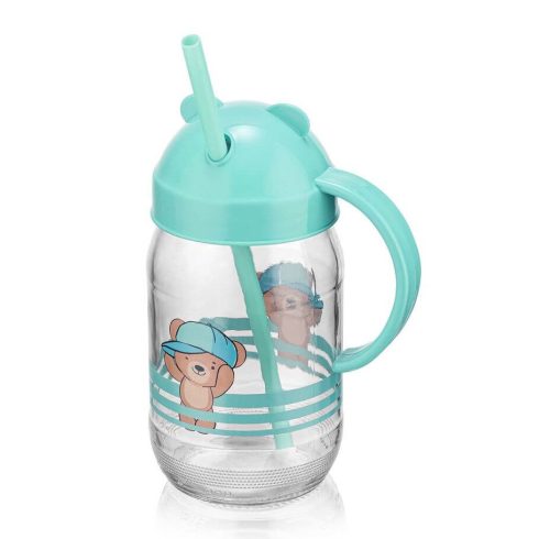 QLUX szívószálas üvegpohár 370ml - Teddy kék