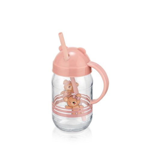 QLUX szívószálas üvegpohár 370ml - Teddy rózsaszín