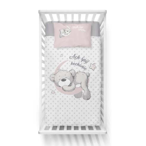 Pamut ágynemű huzat 100*135 cm - Maci a Holdon rózsaszín / fehér