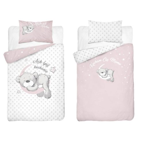 Pamut ágynemű huzat 90*120 cm - Maci a Holdon rózsaszín 