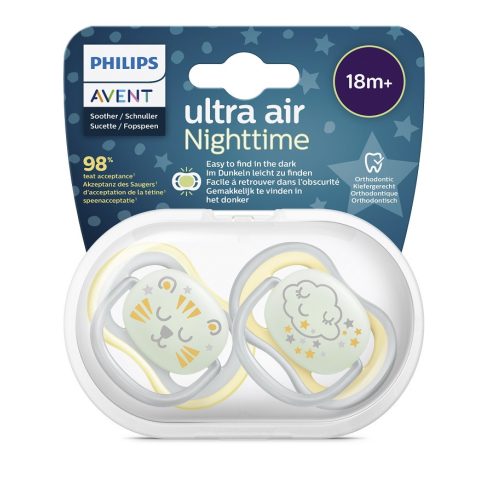 Avent Ultra air játszócumi éjszakai 18hó+ 2 db szürke/sárga