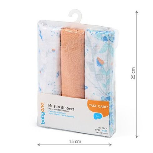 BabyOno 3 db-os színes,mintás textil pelenka - barack/kék