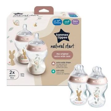   Tommee Tippee Natural Start 2*260ml cumisüveg 0+ - púder/nyuszi