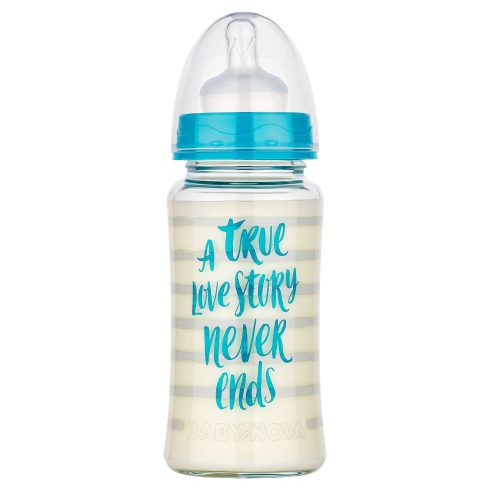 Baby-Nova üveg cumisüveg széles nyakú 230 ml 0-24hó szilikon cumival M-es - kék
