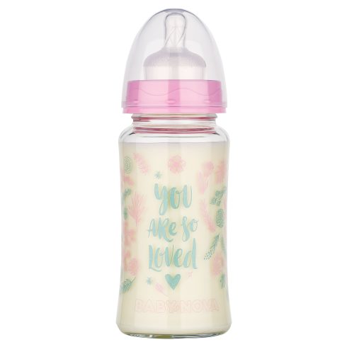 Baby-Nova üveg cumisüveg széles nyakú 230 ml 0-24hó szilikon cumival M-es - rózsaszín