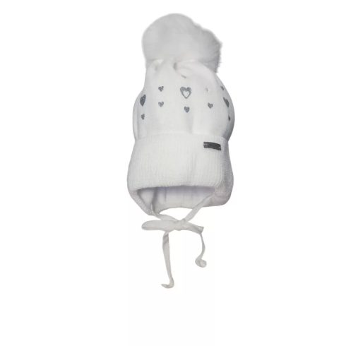 Minimanó téli kötött sapka (46-48) - Fehér / Ezüst szívecskés