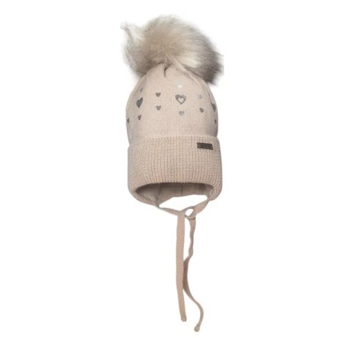 Minimanó téli kötött sapka (46-48) - Drapp / Ezüst szívecskés