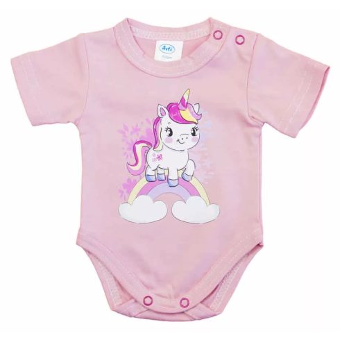 Rövid ujjú baba body - púderrózsaszín unikornis (50)